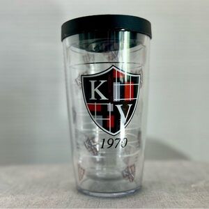 16oz Tervis Tumbler initials K V with green lid.